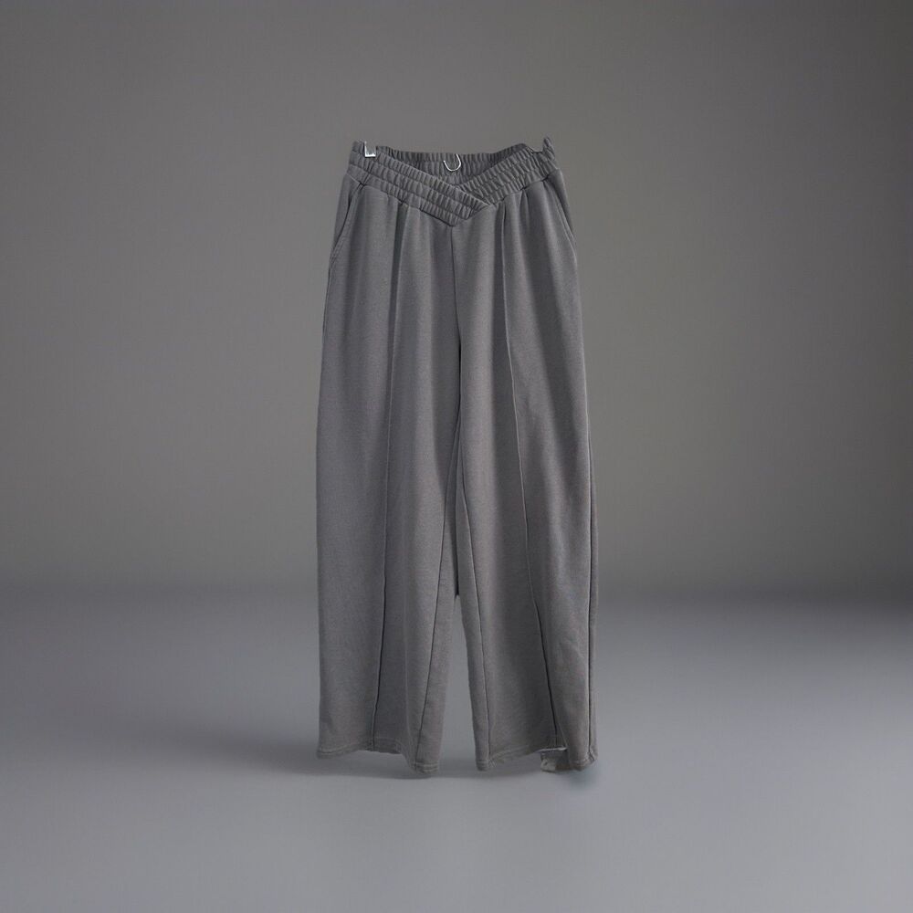Trendy Queen Gray Wide Leg Lounge Pants for Women M V Front Elastic Waist